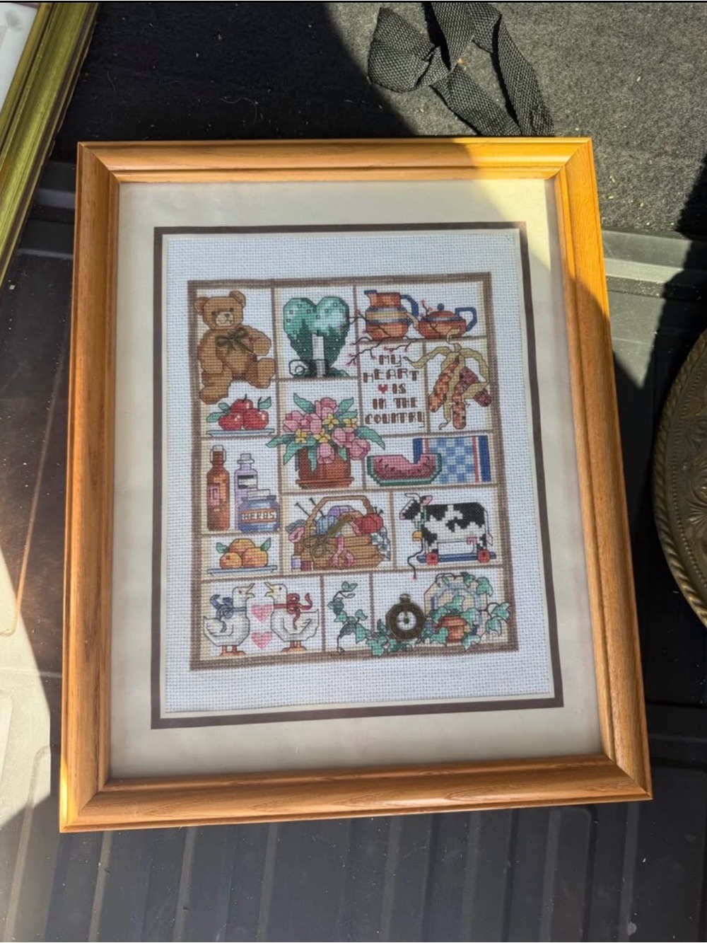 Framed Country-Themed Cross Stitch Art - Multicolor